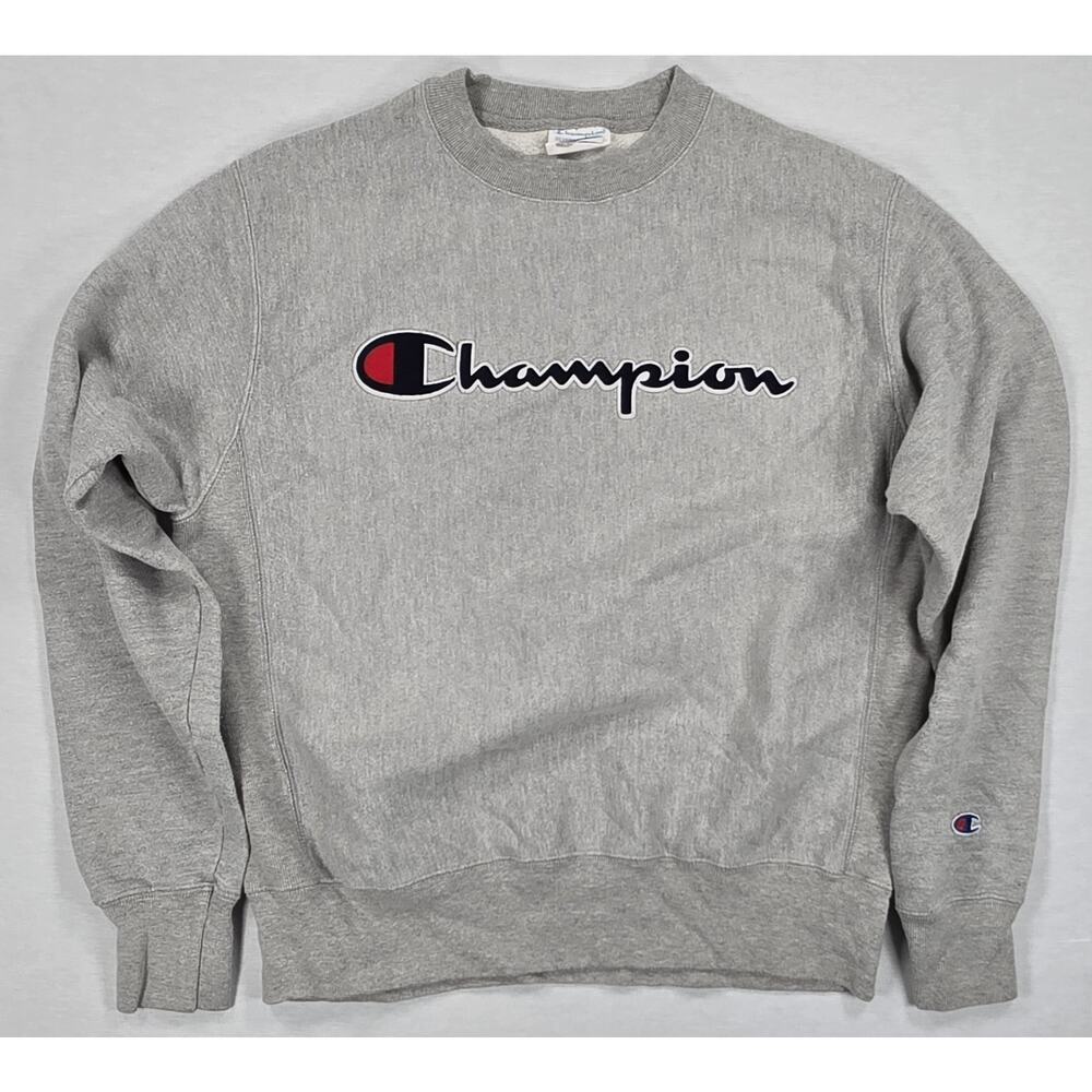 Champion Reverse Weave Logo Crewneck Sweatshirt Gray Embroidered Spell Out Med.